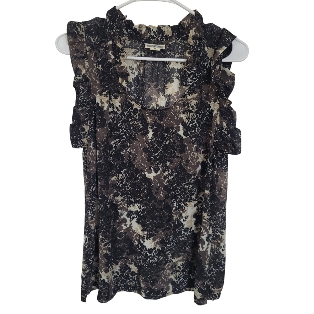 Converse One Star Womens Medium Floral Ruffle Neck Sleeveless Blouse Neutral Top